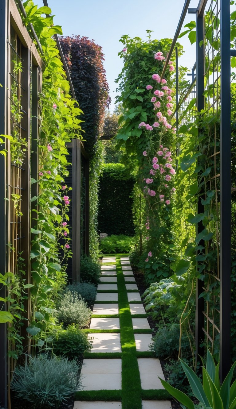 A narrow garden with multiple trellises covered in climbing plants and flowers, surrounded by neatly arranged garden beds and pathways.